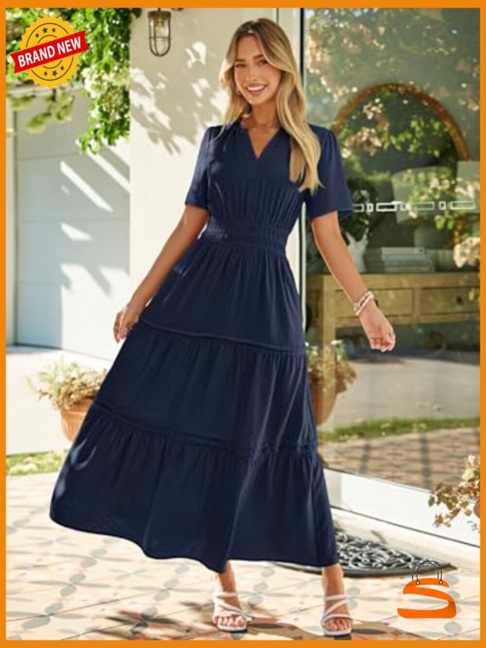 Summer Maxi Dress V-Neck Short Sleeve Elastic Waist Flowy Beach Long Dresses - Picture 3 of 7
